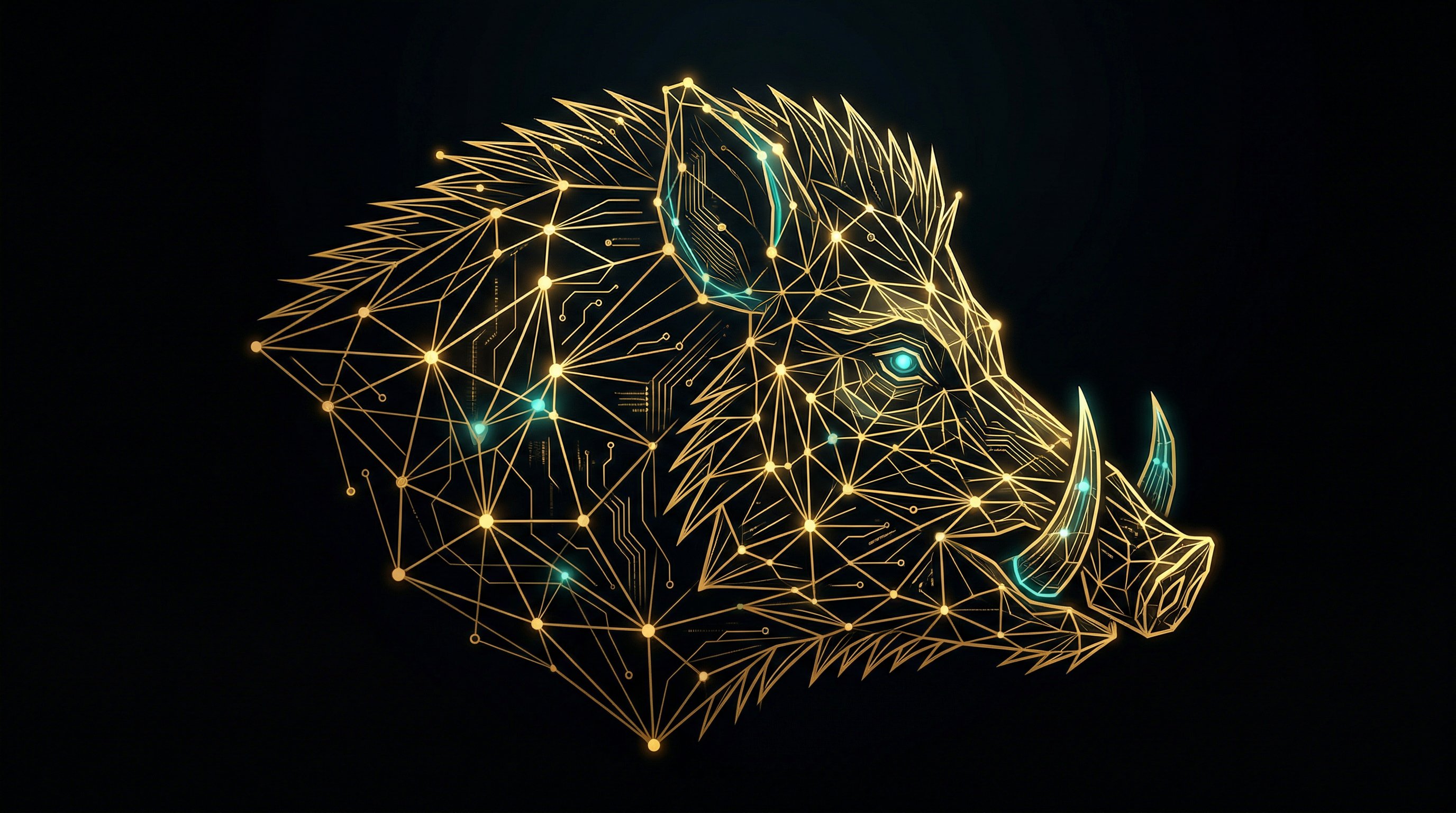 MagicBoar - gold wireframe boar head profile, symbol of autonomous quality intelligence